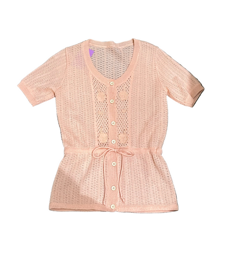 Vintage Women’s Pink Crochet Top with Cinch Waist and Floral Design