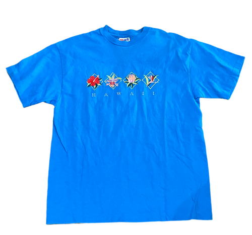 Vintage Hawaii Embroidered Flowers Blue T-Shirt