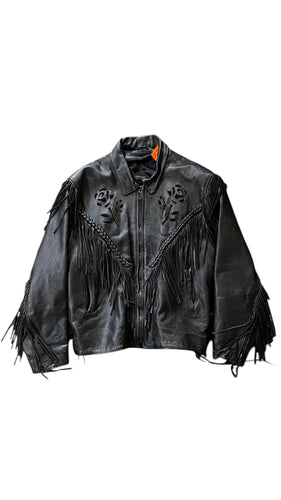 Black Leather Fringe Rose Motif Jacket