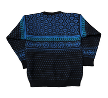 Load image into Gallery viewer, Vintage Stowe Woolens Handcrafted Black &amp; Blue Pattern Sweater