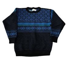 Load image into Gallery viewer, Vintage Stowe Woolens Handcrafted Black &amp; Blue Pattern Sweater