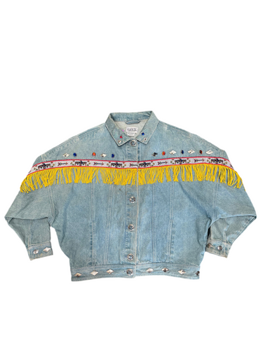 Vintage Embellished Denim Fringe Jacket